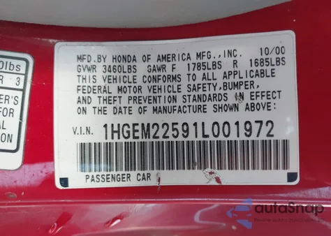 2001 Honda Civic Lx z USA, uszkodzony, nr VIN 1HGEM22591L001972